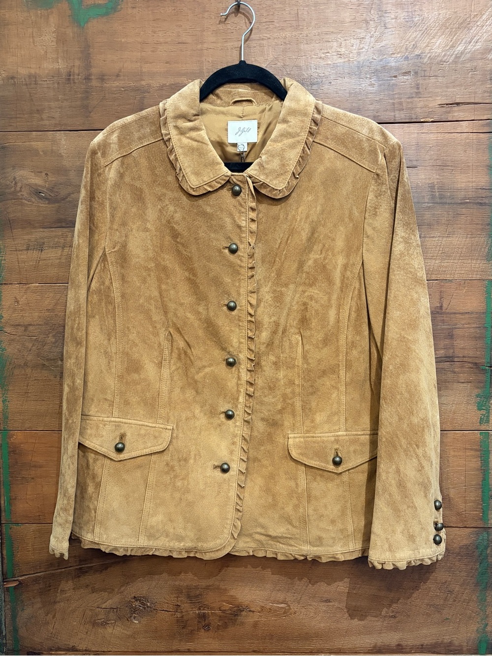 J. Jill Tan Suede Button-Front Jacket with Gathered Trim